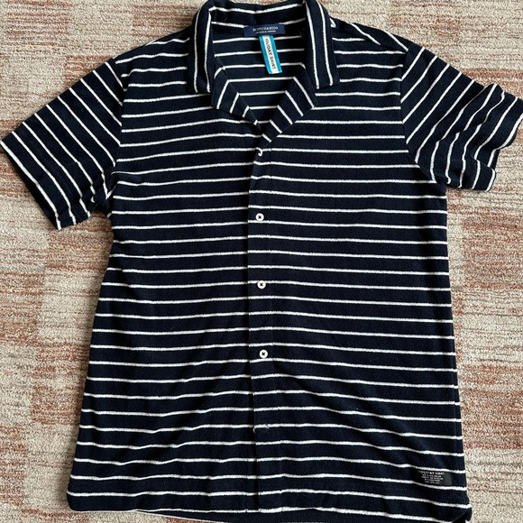 Scotch & Soda Navy Stripe Terry Towel Camp Collar Shirt - Picture 1 of 7